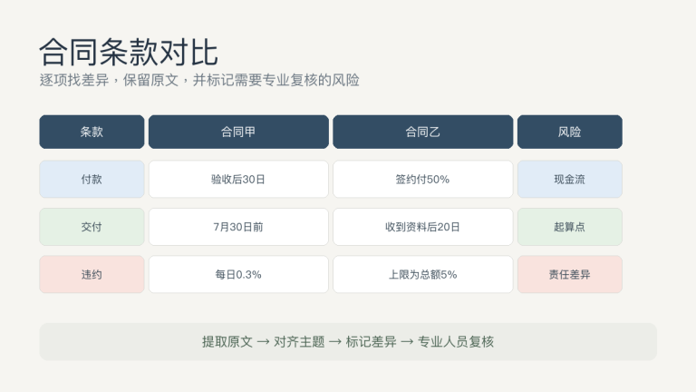 AI怎么做合同条款对比:付款、交付、违约和风险提示词