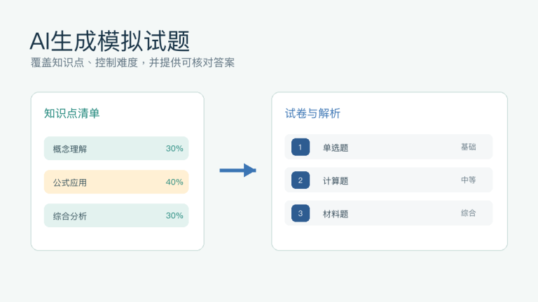 AI怎么生成模拟试题:知识点、难度、答案和错题分析提示词