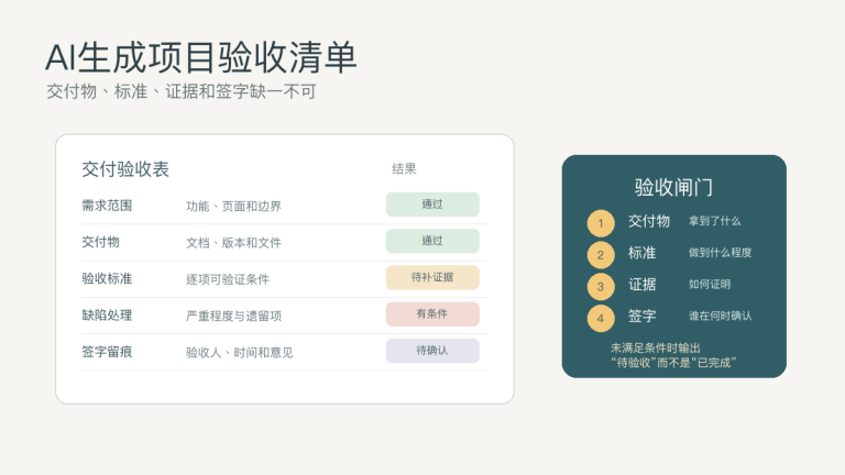 AI怎么做项目验收清单：交付物、验收标准、缺陷和签字提示词
