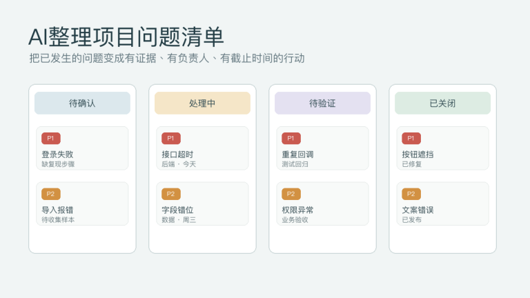 AI怎么做项目问题清单：问题证据、责任人、截止时间和状态提示词