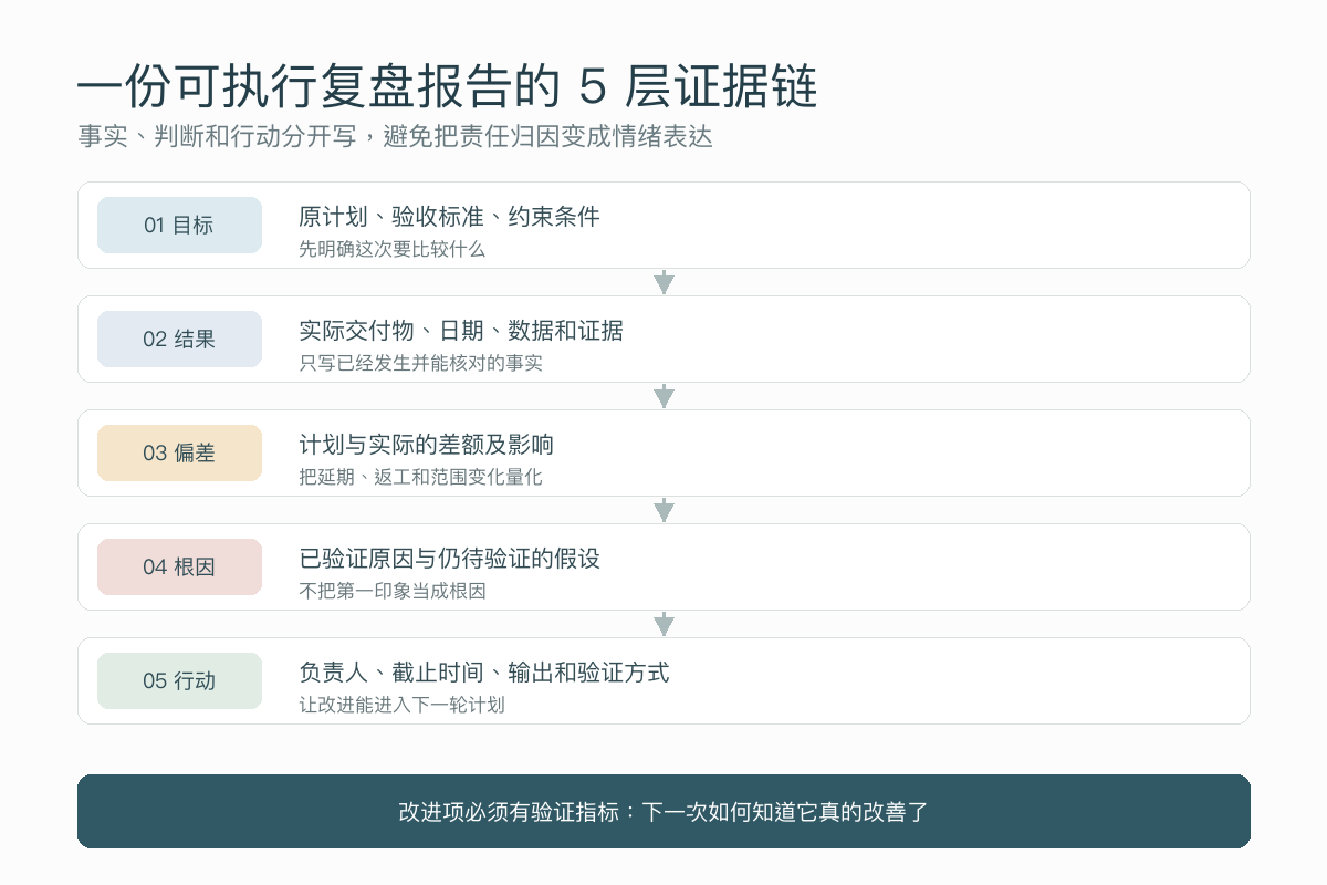 项目复盘报告目标结果偏差根因和行动五层证据链