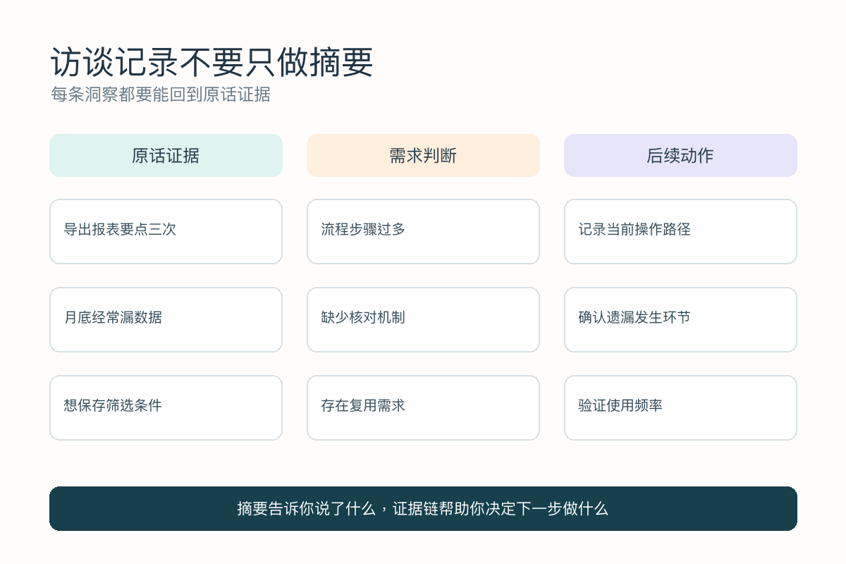 用户访谈原话证据需求判断和后续动作整理框架