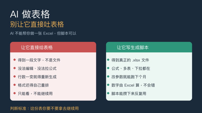 AI做表格：别让它直接吐表格，改成让它写生成脚本